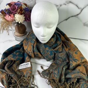 ❌SOLD❌Luxury Pashmina Silk Blend Large Wrap Scarf Teal Gold Paisley Fringe